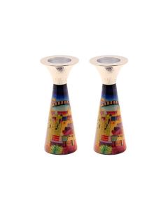 Emanuel Hammered Painted Cone Shaped Candlesticks 6" -  Jerusalem