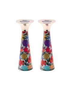 Emanuel Hammered Painted Cone Shaped Candlesticks 8.5" -  Flowers