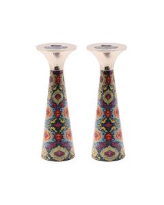 Emanuel Hammered Painted Cone Shaped Candlesticks 8.5" -  Multicolored Embroidery