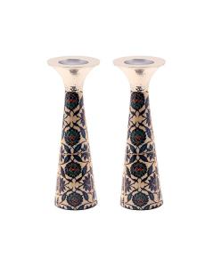 Emanuel Hammered Painted Cone Shaped Candlesticks 8.5" -  Oriental