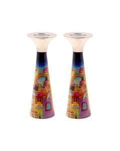 Emanuel Hammered Painted Cone Shaped Candlesticks 8.5" -  Jerusalem