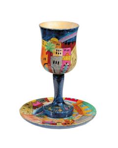 Vista of Jerusalem Wooden Kiddush Cup and Plate Set