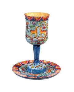 Oriental Wooden Kiddush Cup and Plate Set