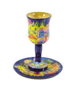 Blue Jerusalem Wooden Kiddush Cup and Plate Set