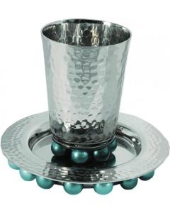 Kiddush Cup and Plate with Beads Silver/Turquoise