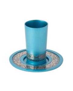 Emanuel Anodized Aluminum Kiddush Cup with Lace Design - Jerusalem Design - Turquoise