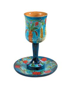 Blue 7 Species Large Wooden Kiddush Cup and Saucer