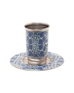 Metal Kiddush Cup and Plate W/ Design - Flowers Blue