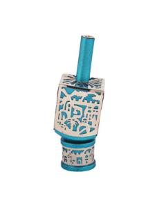 Emanuel Large Anodized Aluminum Dreidel with Metal Cutout  - Jerusalem - Turquoise