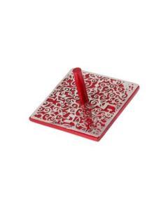 Emanuel Anodized Aluminum Flat Dreidel with Metal Cutout  - Red