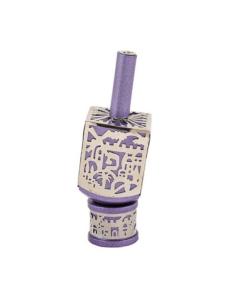 Emanuel Medium Anodized Aluminum Dreidel with Metal Cutout - Jerusalem - Purple