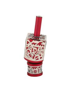 Emanuel Medium Anodized Aluminum Dreidel with Metal Cutout - Jerusalem - Red