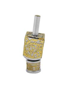Emanuel Medium Anodized Aluminum Dreidel with Metal Cutout - Jerusalem - Silver & Brass