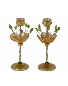 Emanuel Poly Candlesticks 10"--Yellow/Green Flower