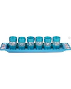Set of 6 Cups + Plate Kiddush Set with Silver Lace- Turquoise
