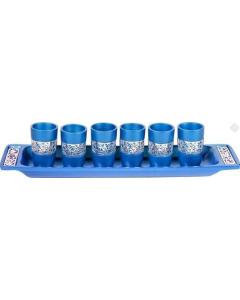 Set of 6 Cups + Plate Kiddush Set with Silver Lace- Blue