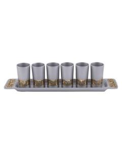 Emanuel Anodized Aluminum Set of 6 Liquor Cups and Tray with Metal Cutout Design - Silver