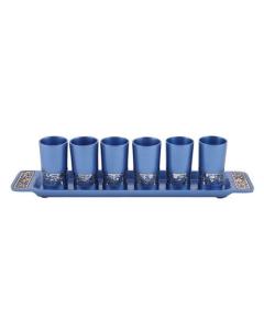 Emanuel Anodized Aluminum Set of 6 Liquor Cups and Tray with Metal Cutout Design - Blue