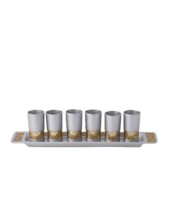 Emanuel Anodized Aluminum Set of 6 Liquor Cups and Tray with Metal Cutout Design - Copper Jerusalem Cutout - Aluminium