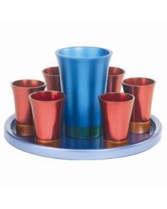 Anodized Aluminum Kiddush Set with Tray Maroon/ Blue