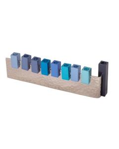 Hammered L Shaped Menorah w/ Anodized Pieces - Blue - Yair Emanuel Collection