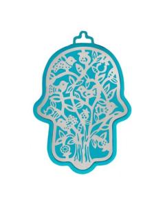 Emanuel Anodized Aluminum Hamsa with Tree Cutout  - Turquoise