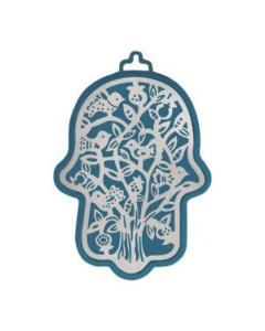 Emanuel Anodized Aluminum Hamsa with Tree Cutout - Blue