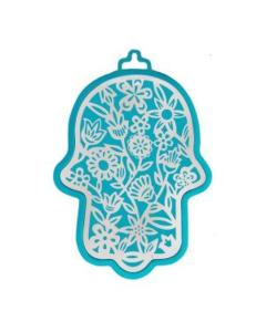 Emanuel Anodized Aluminum Hamsa with Flower Cutout  - Turquoise