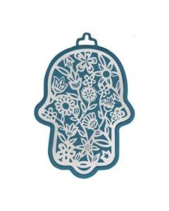Emanuel Anodized Aluminum Hamsa with Flower Cutout - Blue