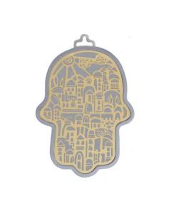 Emanuel Anodized Aluminum Hamsa with Jerusalem Cutout  - Brass