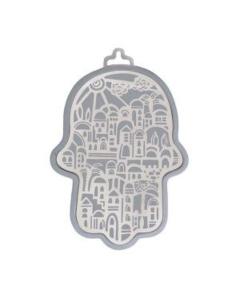 Emanuel Anodized Aluminum Hamsa with Jerusalem Cutout  - Silver