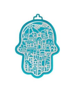 Emanuel Anodized Aluminum Hamsa with Jerusalem Cutout  - Turquoise