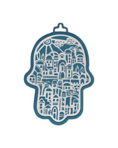 Emanuel Anodized Aluminum Hamsa with Jerusalem Cutout  - Blue