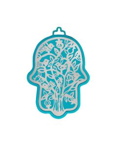 Yair Emanuel Small Anodized Aluminum Hamsa  with Birds Cutout - Turquoise