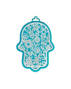 Yair Emanuel Small Anodized Aluminum Hamsa  with Flower Cutout - Turquoise