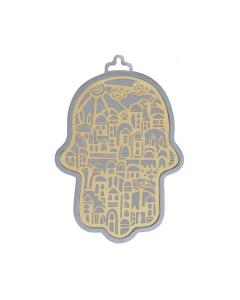 Yair Emanuel Small Anodized Aluminum Hamsa  with Jerusalem Cutout - Brass