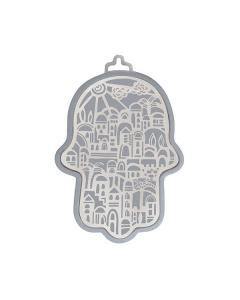 Yair Emanuel Small Anodized Aluminum Hamsa  with Jerusalem Cutout - Silver