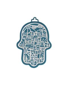 Yair Emanuel Small Anodized Aluminum Hamsa  with Jerusalem Cutout - Blue