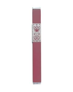 Emanuel Metal Mezuzah Case w/ Metal cutout - Maroon 12cm