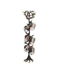 Emanuel Set of 6 Hammered Liquor Cups on Tree of  Life Branch Stand