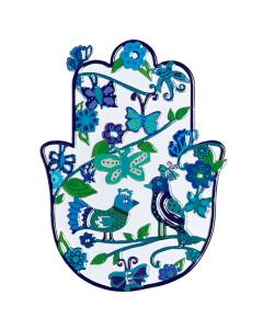 Small Emanuel Enamel Lacquer Hamsa with Blue Birds