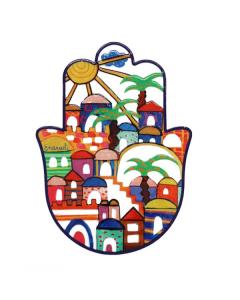 Small Emanuel Enamel Lacquer Hamsa with a Jerusalem Scene