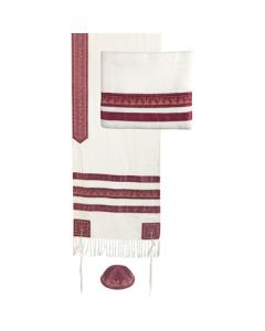 Embroidered Stripes Tallit - White / Maroon