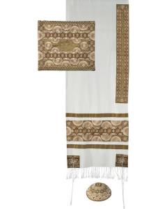 Embroidered Raw Silk Tallit - Magen David Rainbow Gold