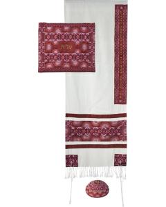 Embroidered Raw Silk Tallit - Magen David Rainbow Red
