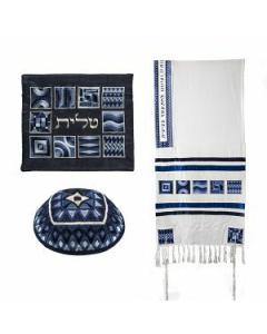 Emanuel Tallit- Full Embroidered Geometric--Blue