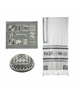 Emanuel Tallit- Full Embroidered Geometric--Silver