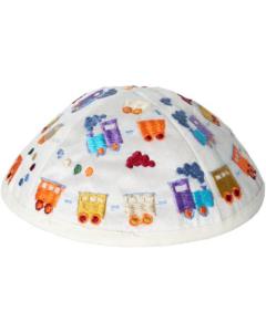 Emanuel Embroidered Kids Kippah - White w/ Trains