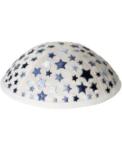 Emanuel Embroidered Kids Kippah - White w/ Blue Stars