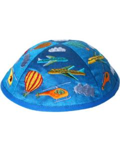 Emanuel Embroidered Kids Kippah - Blue w/ Airplanes